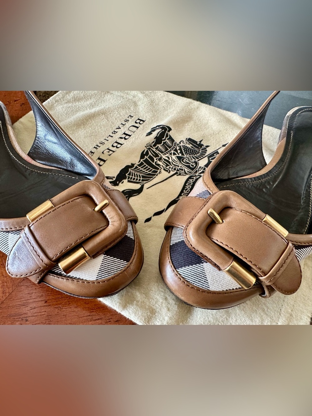Burberry Nova Check Canvas & Leather Buckle Slingback Flats Size 11/41